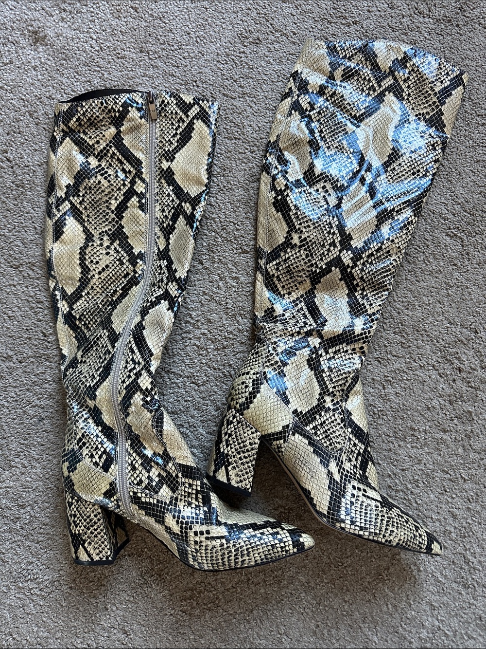 Snake-Print Knee High Boots in Beige and Black - Fashion Reptile Style